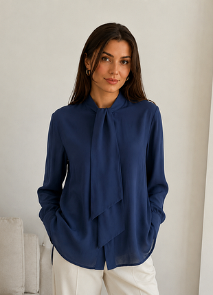 Блуза massimo dutti синяя с бантом у шеи 100% вискоза р. 42