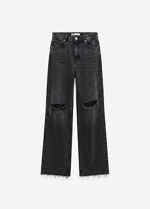 Женские черные джинсы с разрезами на коленях / прямые джинсы zara wide leg размер l / eur 40