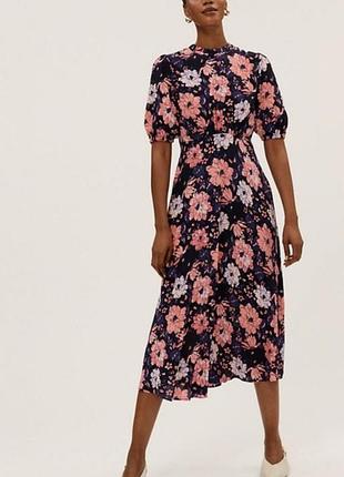 Нежное цветочное платье миди marks &amp; spencer с объемными рукавами