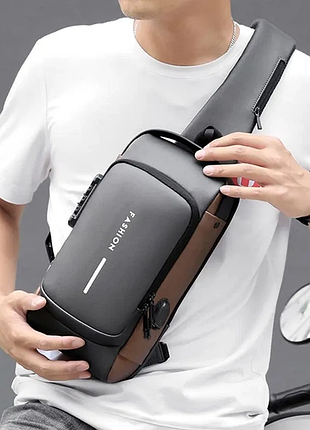 Нагрудная сумка с противоприпасным замком с паролем backpack черный серый