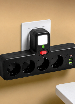 Сетевой фильтр 4 розетки с подсветкой (pns-04) (led, 4-220v, 2-usb