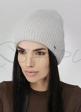 Шапка жіноча кашемірова з додаванням ангори з відворотом одинарна leks валенсія світло-сірий