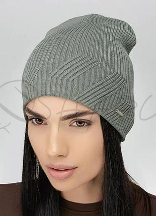 Шапка женская шерстяная двойная без отворота с аккуратным узором leks онтаріо малахит