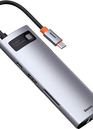 Usb-хаб 8 в 1 baseus type-c docking station 100вт 3xusb3.0 4k hd rj45 tf sd серый алюминий