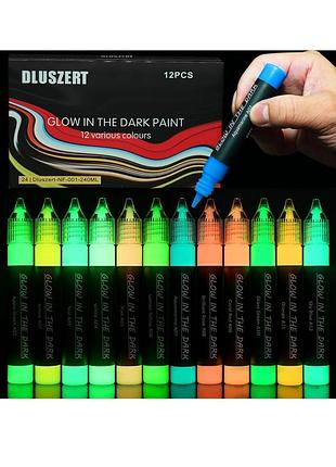Флуоресцентні акрилові фарби, що світяться в темряві dluszert glow in the dark paint, 12 кольорів по 20 мл (240 мл)
