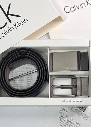 Шкіряний ремінь calvin klein з двома пряжками, чоловічий подарунковий набір ремінь з натуральної шкіри келвін кляйн