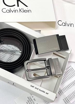 Шкіряний ремінь calvin klein з двома пряжками, чоловічий подарунковий набір ремінь з натуральної шкіри келвін кляйн