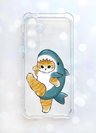Прозрачный чехол с утолщенными углами на samsung galaxy a37 котенок акула (принт 380)