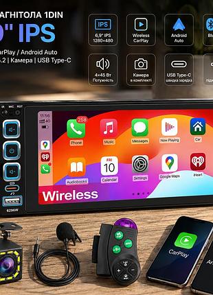 Автомагнитола 1din 6,9" ips 1280×480, wireless carplay/android auto, bluetooth 5.2, 4×45 вт, камера, usb type-c