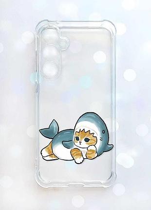 Прозрачный чехол с утолщенными углами на samsung galaxy a37 котенок акула (принт 355)