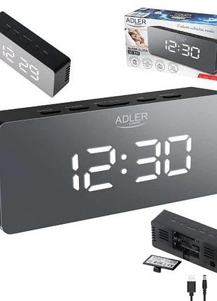Настольные часы-будильник adler ad 1189 black с термометром, led-подсветкой и usb-питанием