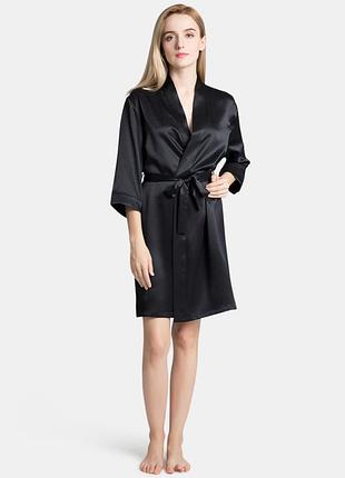 Жіночий шовковий халат атласний короткий чорний (розміри 42-58 xs - 4xl) l