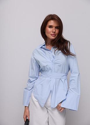 Приталена однотонна сорочка з поясом, блакитний, one size