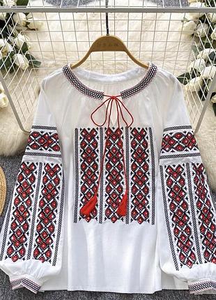 Біла вишита сорочка з червоно-чорним орнаментом, вишиванка жіноча | універсальний розмір s-l