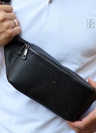 Мужская бананка 24х12х7 см, сумка нагрудная для телефона из натуральной кожи, черная