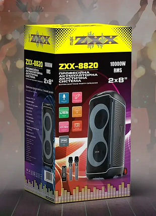 Акустична переносна колонка zxx-8820 60вт 2x8" tws fm usb tf bt led