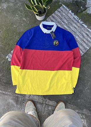 Нова вінтажна регбійка поло з довгим рукавом polo ralph lauren з маленьким вишитим логотипом у смужку синьо червона жовта