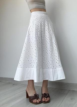 Юбка макси миди длинная белая с узором цветочным хлопок 34 36 xs s zara высокая талия посадка на змейке бохо романтическая
