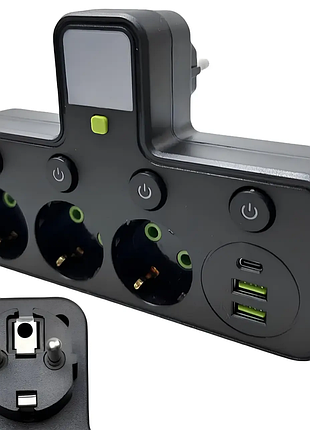 Сетевой фильтр тройник с подсветкой 3 розетки (2 usb+type-c) черный