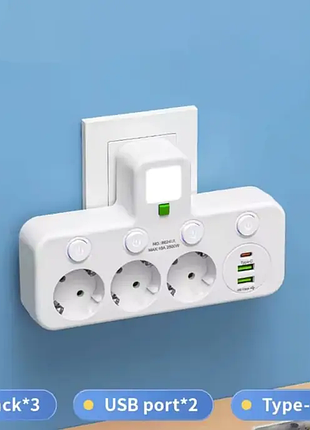 Сетевой фильтр тройник с подсветкой 3 розетки (2 usb+type-c) белый