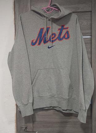 Винтажная серая худи nike с логотипом бейсбольного клуба new york mets и фирменной галочкой