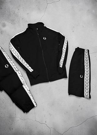 Чоловічий спортивний комплект fred perry чорний штани + кофта + шорти