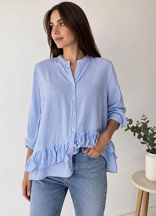 Блуза zara жіноча s блакитного zara блуза жіноча s блакитна в білу смужку з рюшами воланами сорочка з довгим рукавом асиметрична