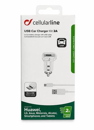 Автомобільна зарядка cellularline 2a 10w + кабель micro usb 1 м