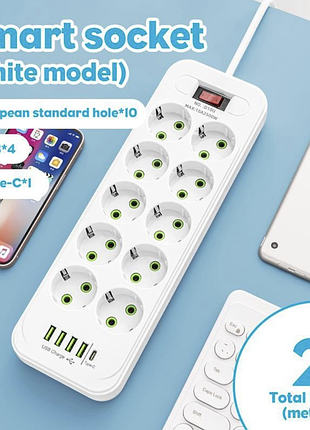 Мережевий фільтр подовжувач usb d10 (10×220в+4×usb+1×type-c) білий, 5 м