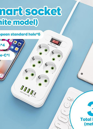Удлинитель сетевой фильтр d6 (6×220в+4×usb+1×type-c) белый 3m