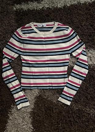Смугастий лонгслів zara 🩷💙  з рожевими, блакитними та темно-синіми смужками.  бренд: zara розмір: 26стан: хороший