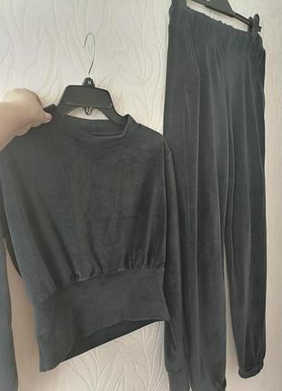 Костюм велюр рубчик 40-44р, кофта укорочена, темно серый 2