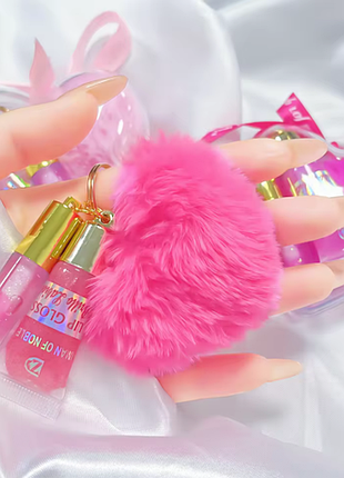 Набор блесков для губ 2-в-1 с меховым брелоком glitter lip gloss iman of