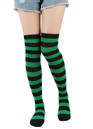 Гольфы полосатые черно-зеленые one size 35-41р. 1161 высокие носки в полоску чулки выше колен заколен для девушек женщин