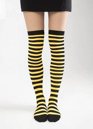 Гольфы выше колен хлопковые в узкую полоску желто-черные one size 35-41р. 1166 пчелка трикотажные полосатые чулки высокие носки заколенки