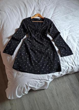 Женское черное платье мини с цветочным принтом h&amp;m