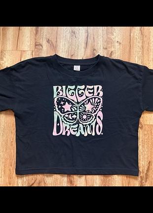 🦋 чорна укорочена футболка кроп-топ lindex з глітерним принтом "bigger dreams"