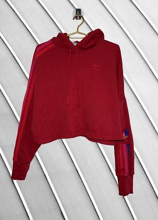 Жіноче червоне укорочене худі adidas xs s m 42 44 оригінал адідас адидас кроп кофта з лампасами та капюшоном 44