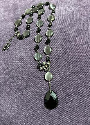 Вінтажне колье-краватка з сірим котячим оком та великим кристалом, y-necklace