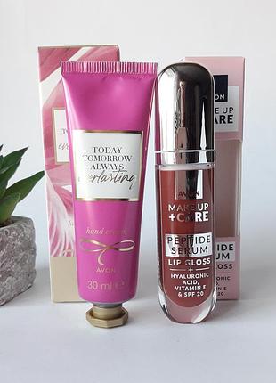 Женский набор: блеск для губ питательный нюд, крем для рук everything avon, эйвон