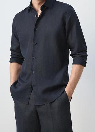 Мужская льняная рубашка f&amp;f | размер m | 100% лен | темно-синяя