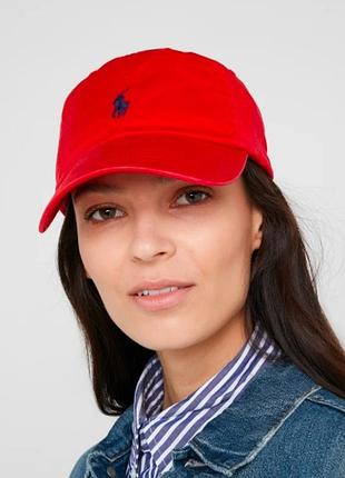 Червона бавовняна бейсболка кепка унісекс polo ralph lauren з фірмовим вишитим темно-синім логотипом