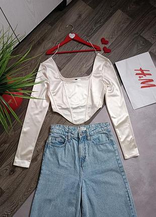 Кроп топ атласный шампань фигурный корсетный h&amp;m.
