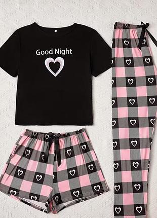 Комплект 3 в 1 з штанами та шортами 💖 піжама з сердечками good night 🎀 жіночий домашній костюм 🌸 піжамний комплект з футболкою m-l
