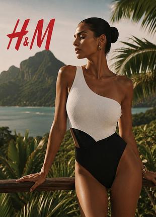 H&m стильний чорно білий купальник на одне плече