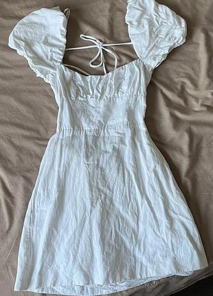 Белое платье мини zara со льном,хлопком и вискозой открытая спина шнуровка xs летнее
