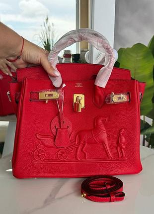 Сумка шкіряна embossed carriage smiley велика birkin 30 см червона мокко коричнева