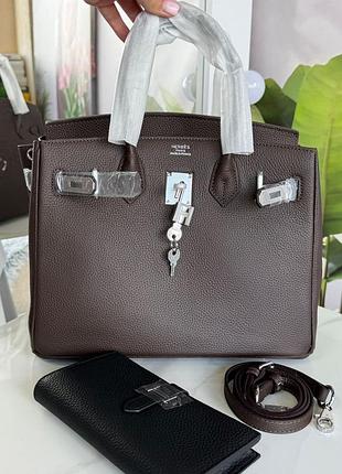 Сумка birkin 30 см темний шоколад срібна фурнітура