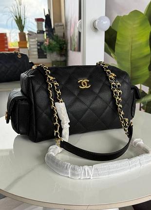 Сумка bowling bag стьобана чорна зерниста шкіра золотий ланцюжок