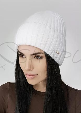 Шапка женская кашемировая утепленная флисом с отворотом leks колібрі белый
